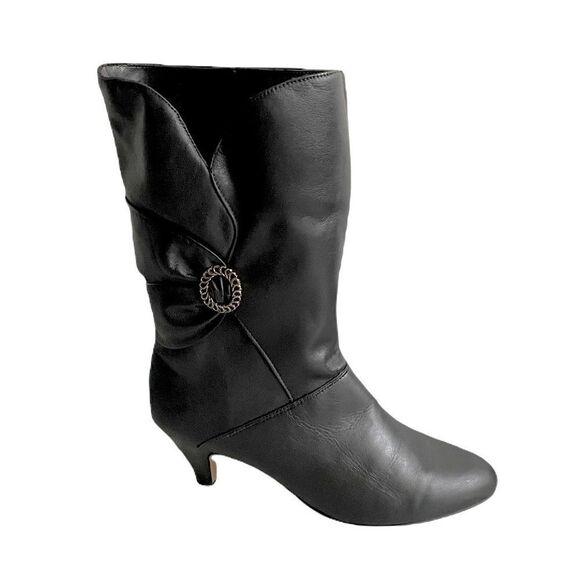 Leather Mid-Calf Sherpa Lined Heeled Boots Buckle Winter Black 10 - Picture 2 of 14